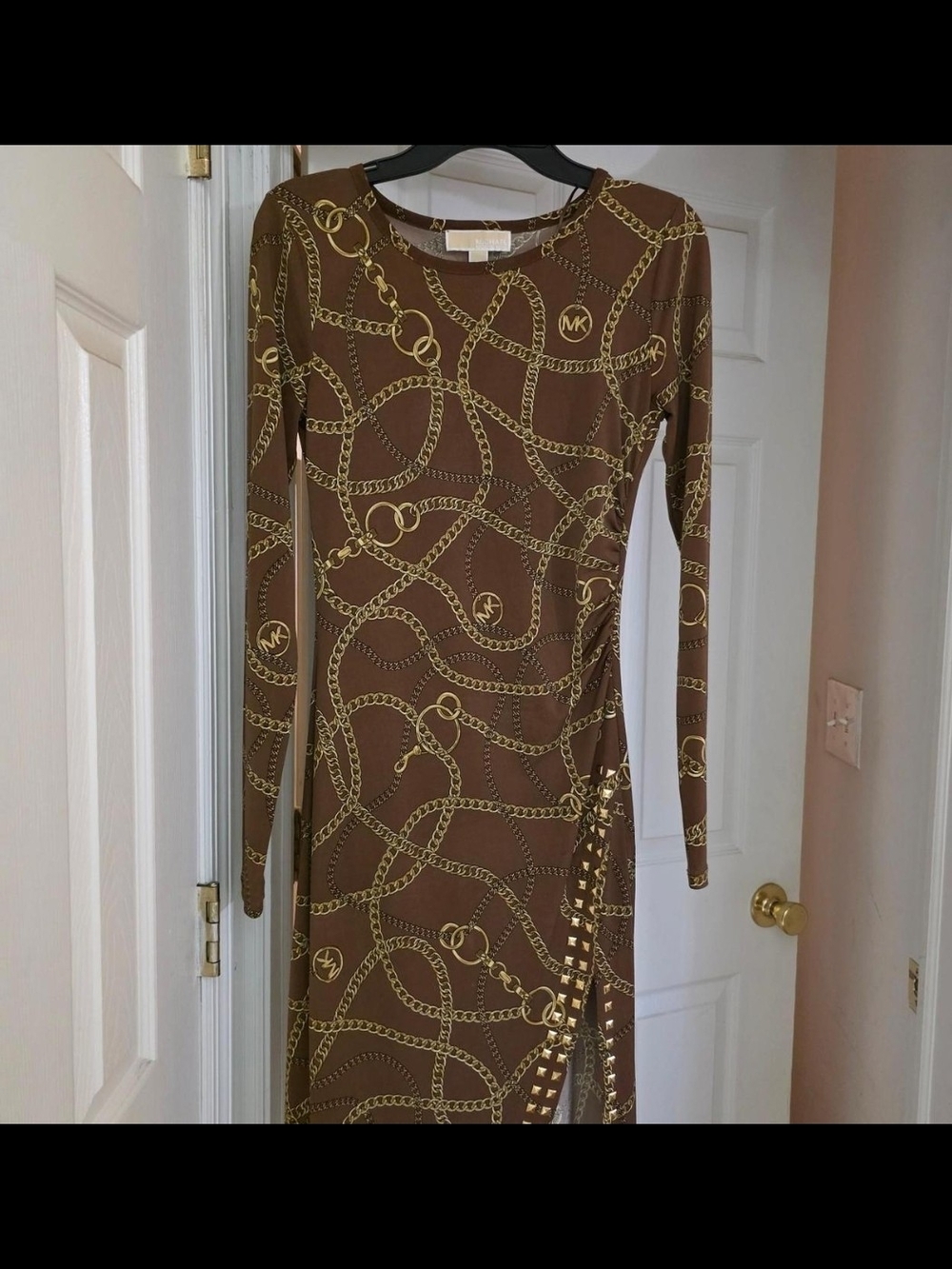 Michael Kors Brown Dress with Gold Chain Print - Long Sleeve